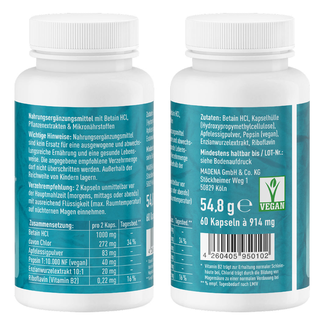 Komplex zur Magensäureproduktion*: Betain HCl & veganes Pepsin