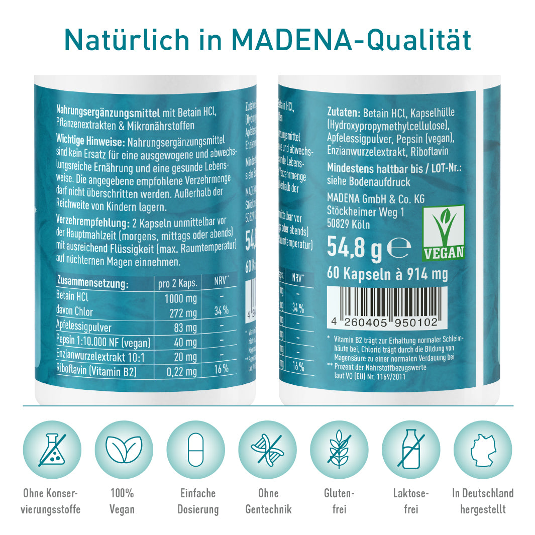 Komplex zur Magensäureproduktion*: Betain HCl &amp; veganes Pepsin