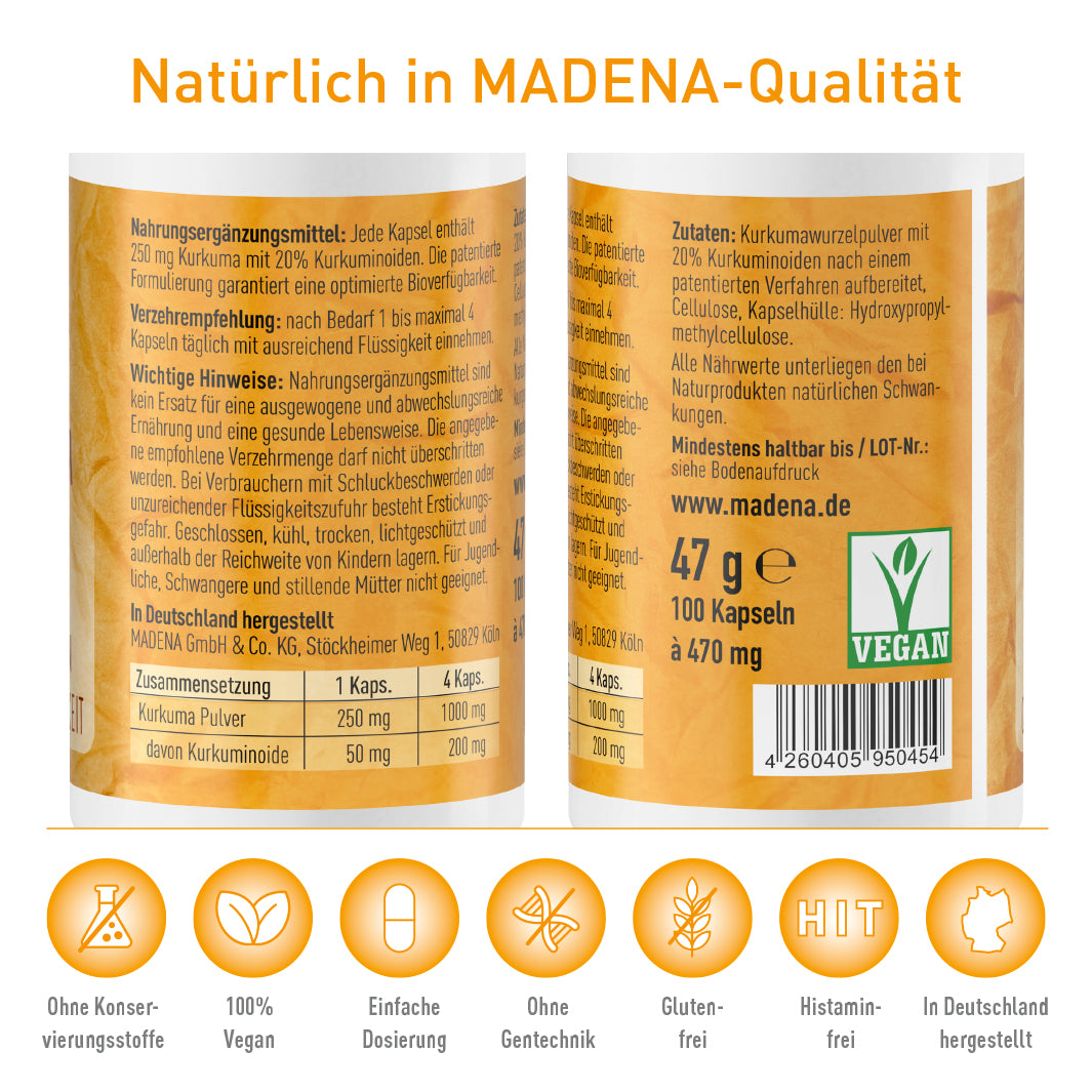 Kurkuma-Kapseln ohne Piperin & hochdosiert